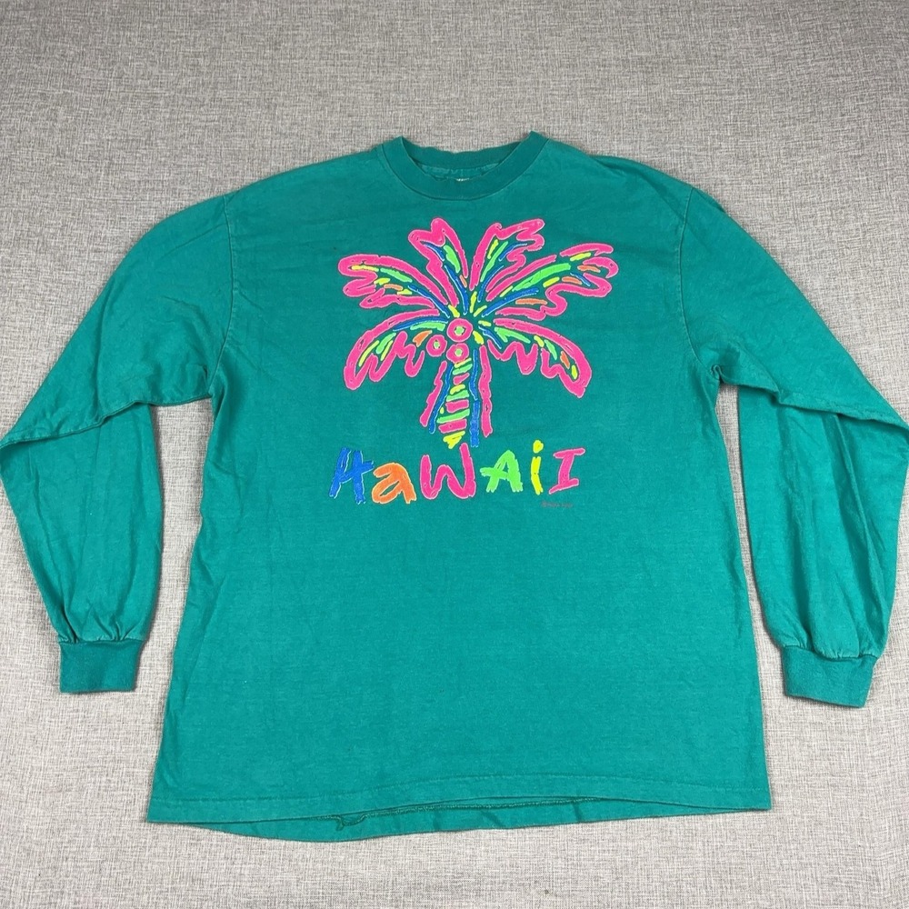 Vintage Hawaii Shirt Mens Large Neon Palm Tree Tee Long Sleeve Single Stitch